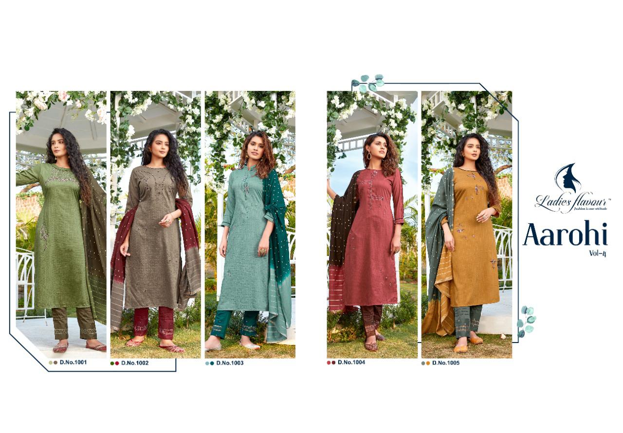 Ladies Flavour Aarohi 4 Latest Fancy Festive Wear Chinon lining with Embroidery Work Top With Bottom And Viscose Dupatta Ready Made Wear Collection
